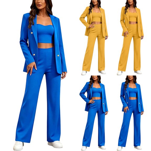 Women Plus Size Pants Suits 3 Piece Set Long Sleeve Blazer Pants Suit Sets Dressy Business Casual office Work Outfits 3-XL Yellow