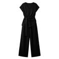 thumbnail image 4 of Gealkoca Women's 2 Piece Outfits Short Sleeve V Neck Top Wide Leg Pant Business Suit Set Dressy Pantsuits Summer Belted Top Loose Matching Set, 4 of 7