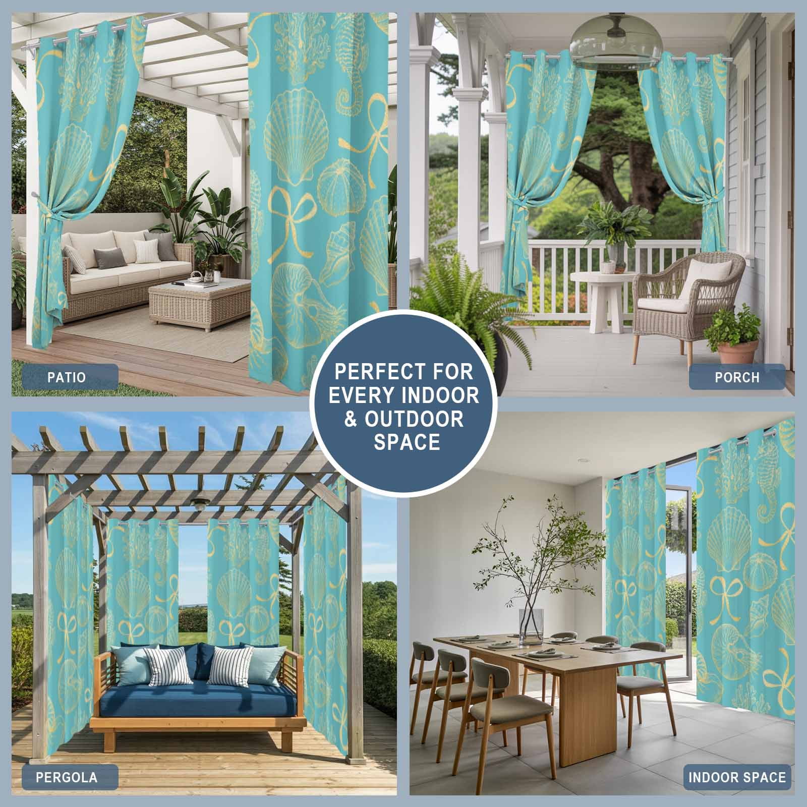 Ocean Shell Outdoor Curtains for Patio, Gold Seahorse Shells Bowknot Coral Blue Sunshade Privacy Drapes Grommet Waterproof Outside Curtains for Porch/Cabana/Balcony 54"x 108", 1 Panel