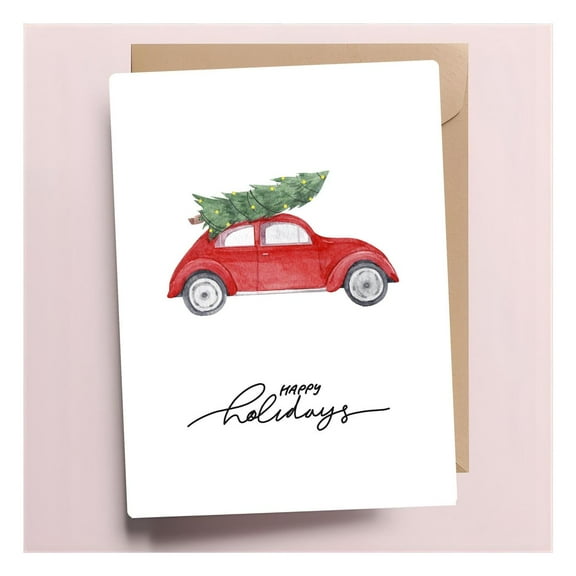 Happy Holidays Card – Festive Red Car with Christmas Tree Design – Perfect for Holiday Greetings – Blank Inside, Envelope Included