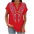 thumbnail image 2 of Ayolanni V-Neck Basic Tees for Women Casual Short Sleeve Office Printed Blouse Rolled Tunic Button Down Fitted Shirts Womens Summer Tops Red L, 2 of 5
