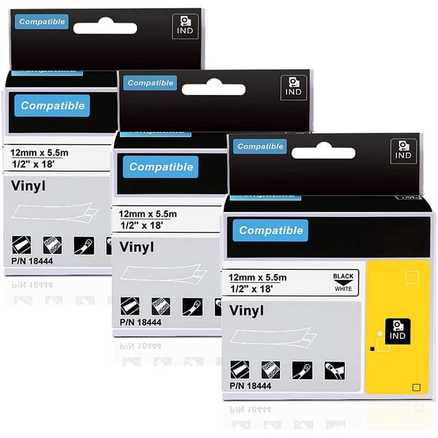 GFDYREE 3 Pack Replace DYMO 18444 Rhino Industrial Permanent Vinyl Label Tapes Compatible with DYMO Rhino 4200 5200 5000 6000 Label Makers and More, Black on White, 1/2 inch x 18 feet