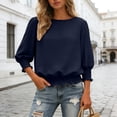 thumbnail image 4 of COMVALUE Banded Bottom Tops for Women Smocked Tops Elastic Cinched Waist Top Dressy Blouse 3/4 Length Sleeve Casual Outfits Blue for Size XXL, 4 of 7