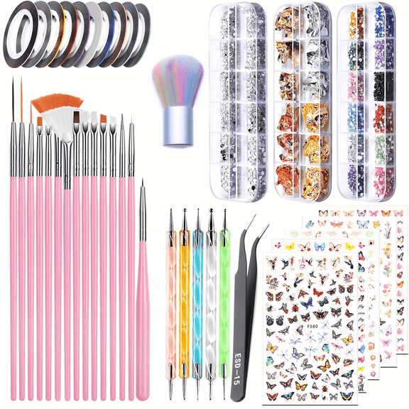73PCS Nail Art Brushes Set,Nail Art Tools Kit,Nail Supplies with Nail Art Pens,Nail Dotting Tool,Nail Rhinestones,Nail Foil,Dust Brush,Butterfly Nail Art Sequins,Nail Stickers for Nail Art