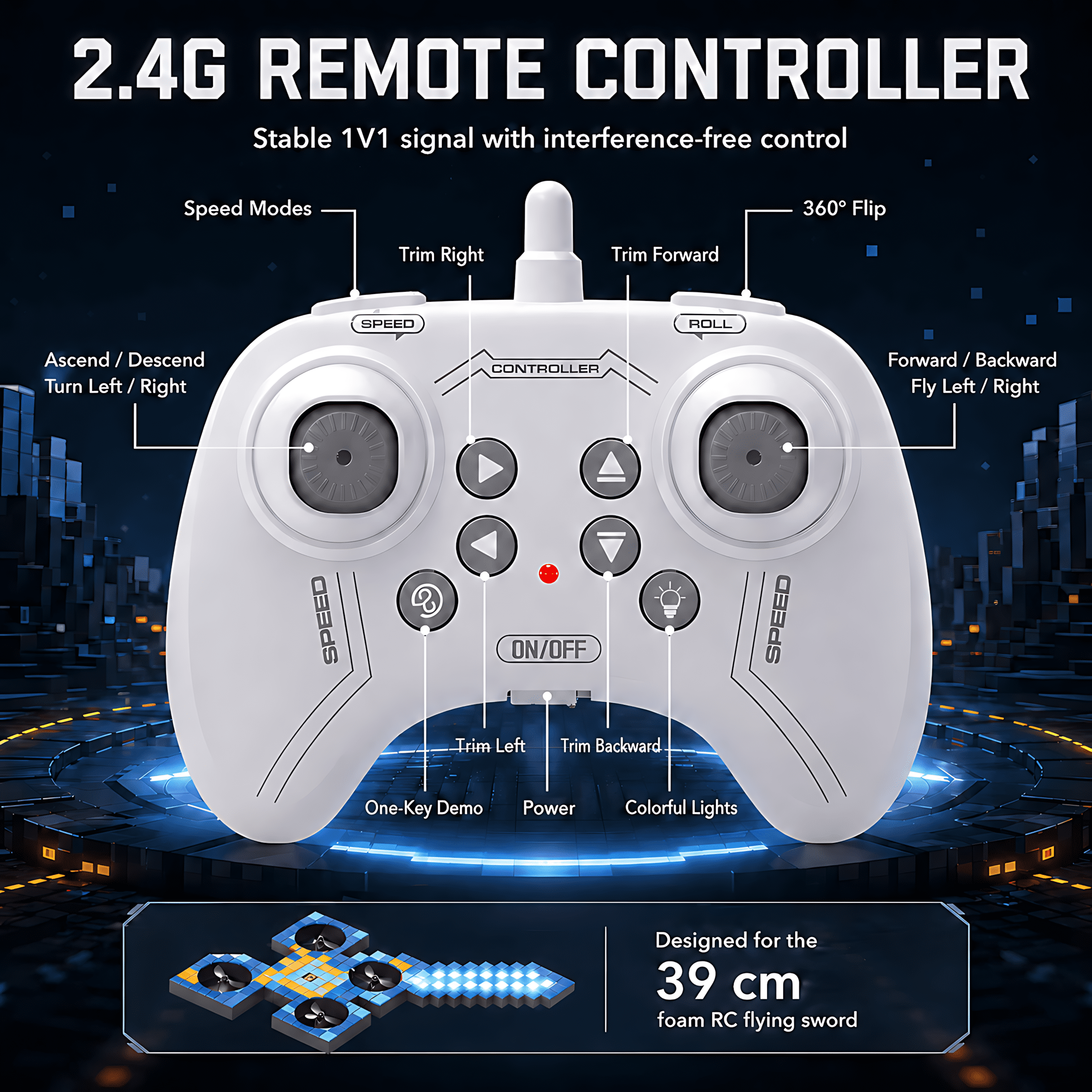 Sword-Shaped RC Airplane with LED Lights, 2.4GHz 4-Motor Remote Control Quadcopter, 3 Speed Modes, 360° Flip Foam Drone for Teens and Adults, Green