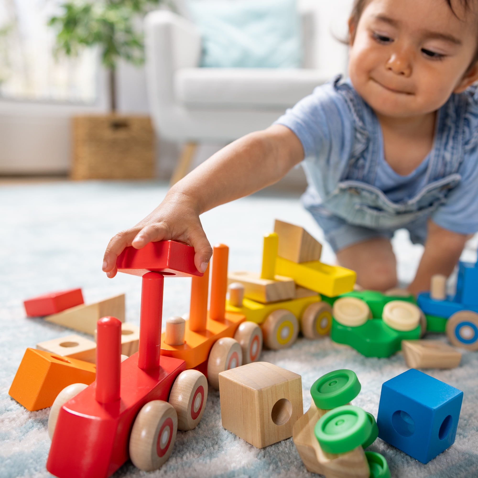 Melissa & Doug Deluxe Wooden Stacking Train, 32 Inch Length, 6 Cars, 19 Blocks, 2 Vehicles, for Toddlers 2+