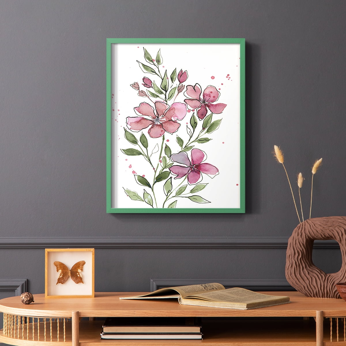 Watercolor Floral Stems I Framed Print in Green Solid Wood 8 x 10 Framed Print