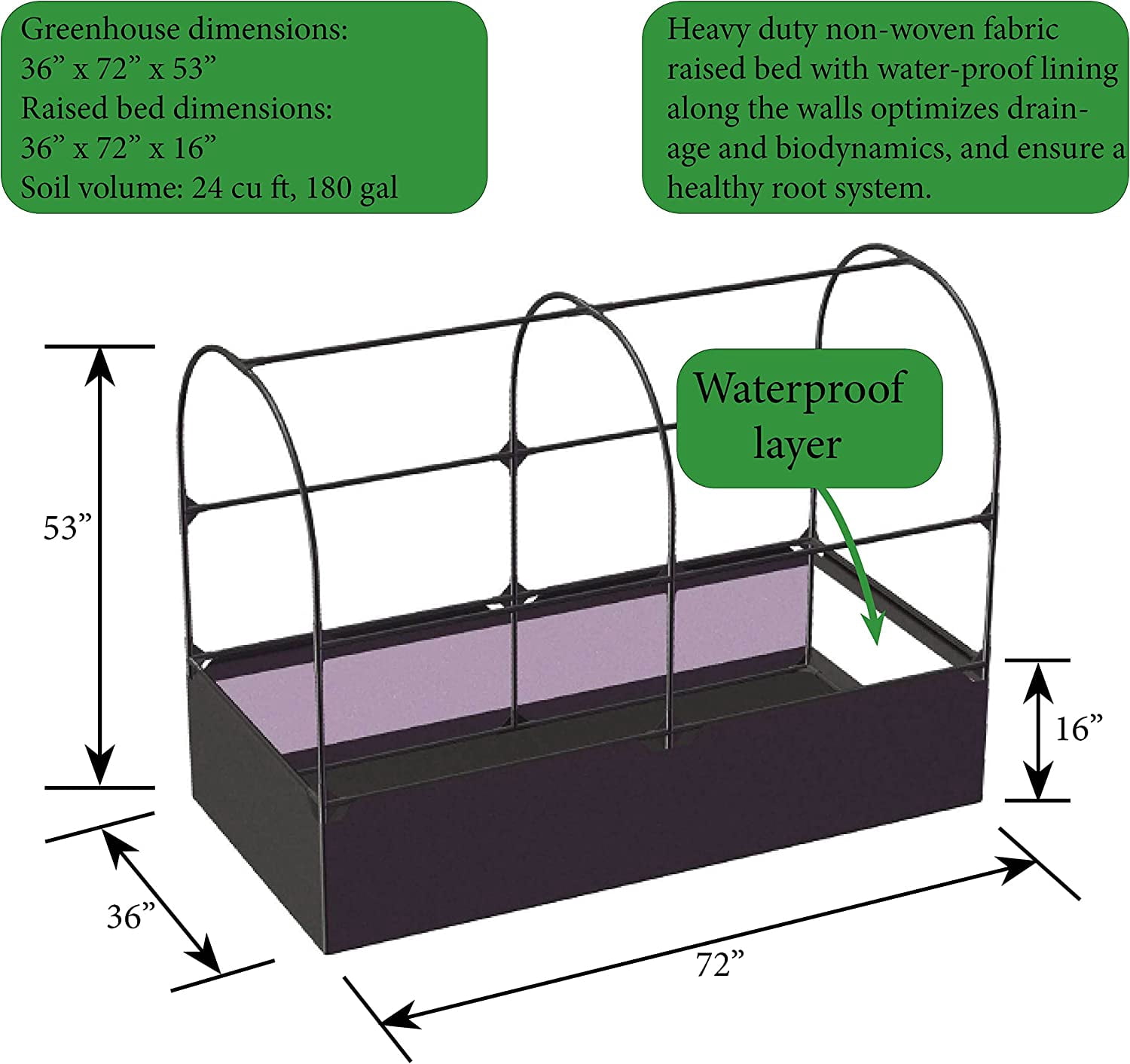 SIMPO 3-in-1 Garden System: Raised Fabric Bed + Greenhouse + Protective Net 36”W x 72”L x 53”H