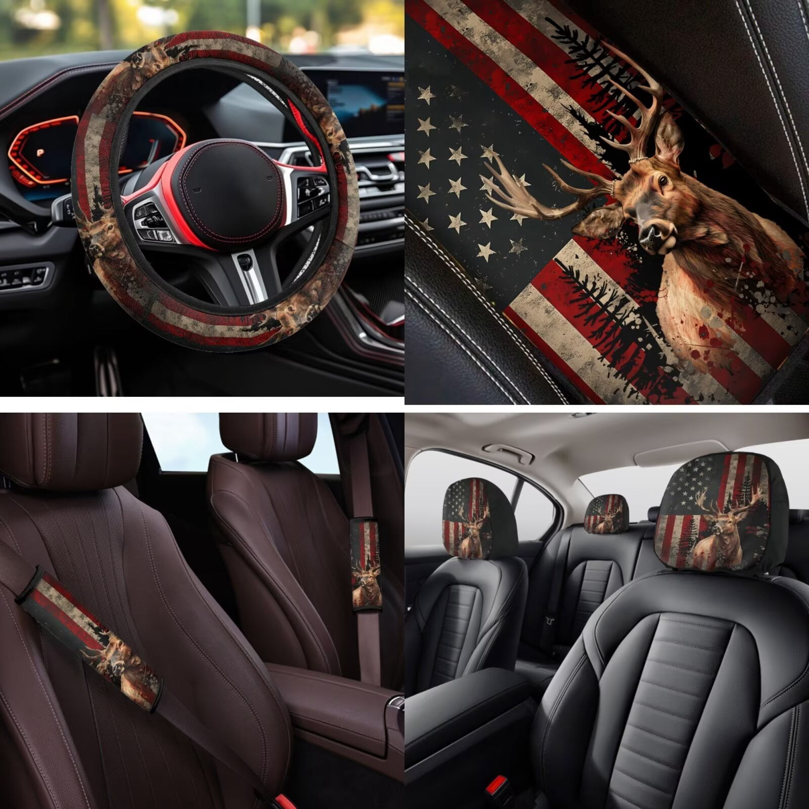 Garronmavis American Flag Deer 14 Pcs Car Accessories Full Set with Head Rest Protector Car Steering Wheel Cover Arm Rest Cover Seat Belt Covers Keychain and Coaster Compatible with Cars,SUV