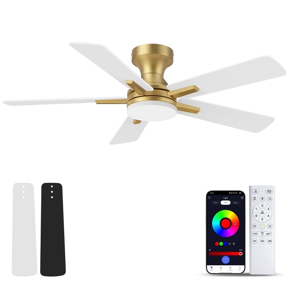 42” Smart Wood Flush Mount Ceiling Fans with Lights Remote,Quiet DC Motor,Outdoor Indoor Low Profile Ceiling Fan,Dimmable,6-speed,for Modern Bedroom Patio