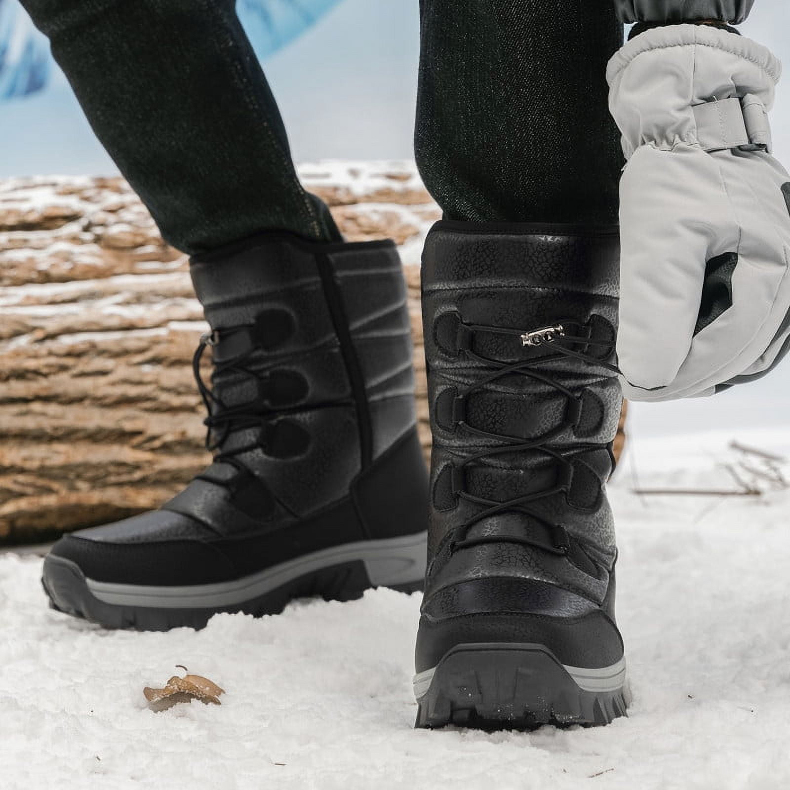 Stepedia Winter Boots Waterproof Warm Shoes Walking Hiking Booties Faux Fur Mid Calf Boots for Men, Black