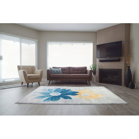Contemporary Fl Pattern Area Rug, Teal Yellow Gray Rug