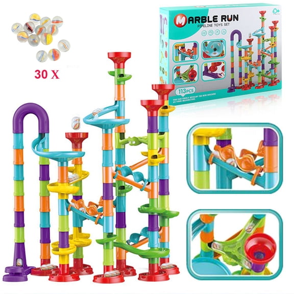 Marble Run Toy, 113 Pcs Educational Construction Maze Block Toy Set with Glass Marbles for Kids and Parent-Child Game,Building Project Toy