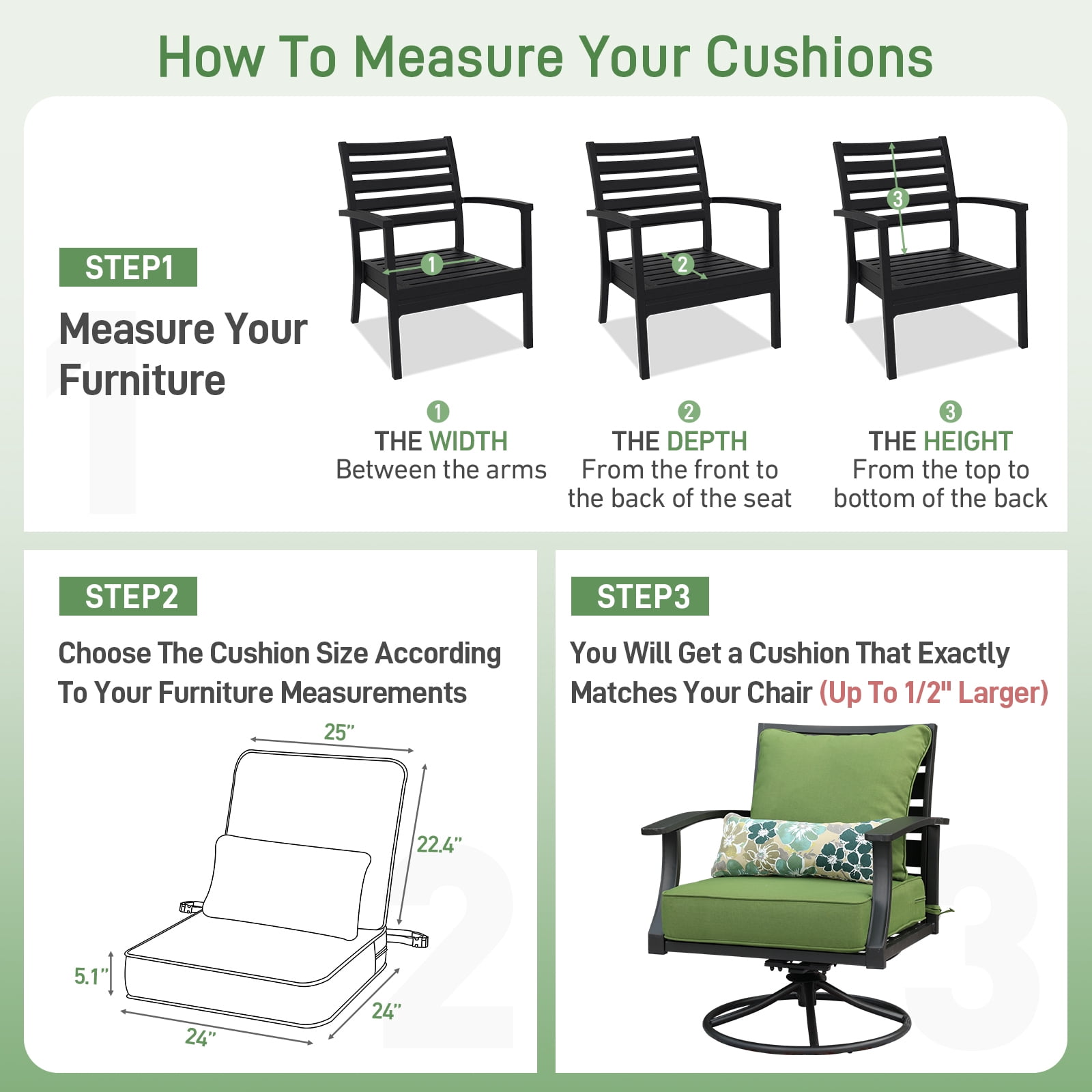 Aoodor 24'' x 24'' Outdoor & Indoor Deep Seat Cushion Set, furniture pillows and cushions, Olefin Fabric Slipcover and Sponge Foam (Set of 2 Seats, 2 Backs, 2 Lumbar Pillows) - Green