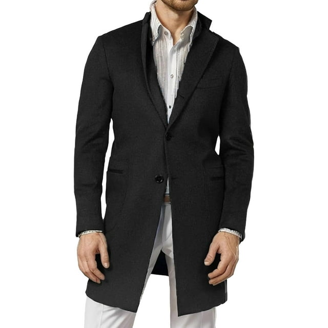 Lovzfmll Men's Wool Blend Trench Coat Notched Lapel Double Pockets Mid-Length Zip Button Black, M