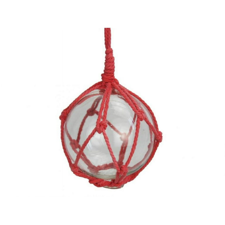 Clear Japanese Glass Ball Fishing Float with Red Netting Christmas Ornament  3 - Tree Decoration - Nautical Theme 