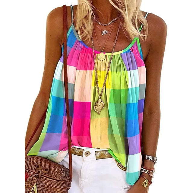 Camiseta sin mangas de moda con estampado de colores del arcoíris para mujerMulticolorMedium