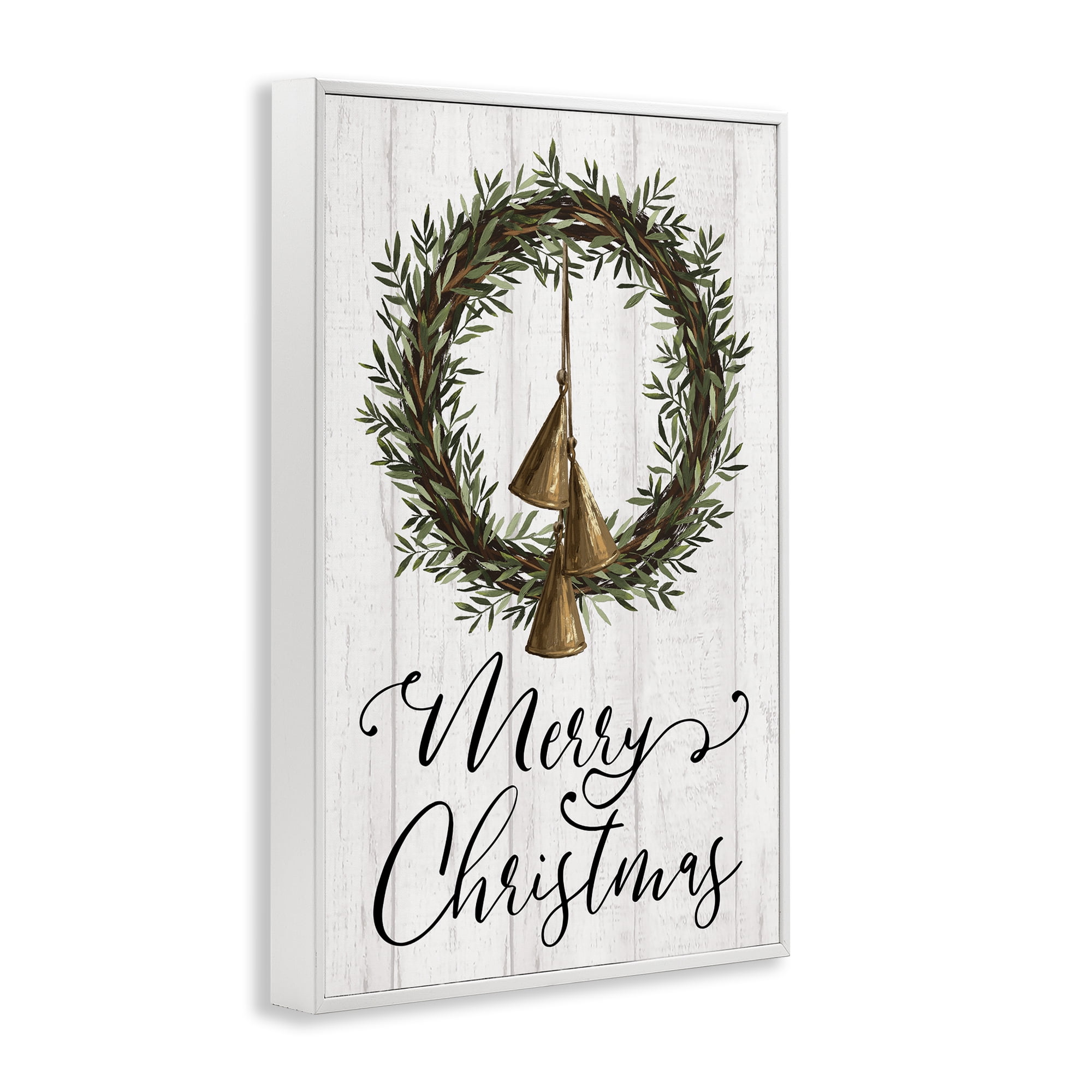 Stupell Industries Christmas Wreath & Bells Holiday Painting White Framed Art Prints Wall Art, 12 x 18