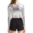 thumbnail image 3 of Woman Glossy Metallic Liquid Crop Top with Long Sleeves and Tortuous Collar Tank top Clubwear, 3 of 5