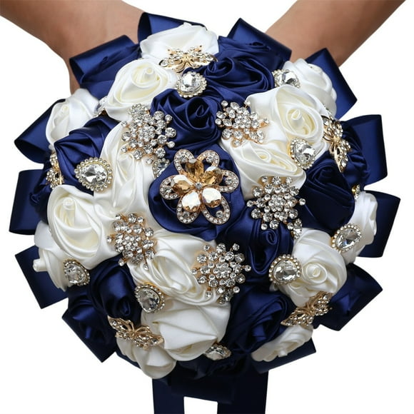 Namzi Handmade Luxury Wedding Bridal Bouquet Large Silk Rose Holding Toss Artificial Flowers Bouquets Bride Vintage Royal Wedding Bouquet (Dark Blue+White)