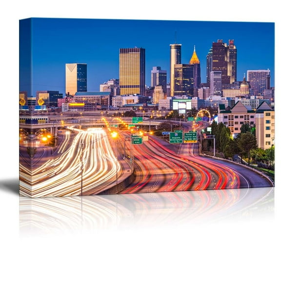 Canvas Prints Wall Art - Beautiful Evening/Night View. Traffic in Atlanta, Georgia, USA | Modern Wall Decor/Home Art Stretched Gallery Canvas Wraps Giclee Print & Ready to Hang - 16" x 24&qu