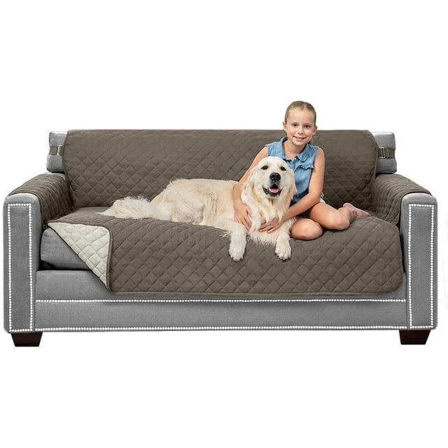 Original Patent Pending Reversible Small Sofa Protector, Many Colors, Seat Width to 62 Inch, Furniture Slipcover, 2 Inch Strap, Couch Slip Cover Throw for Pet Dogs, Kids, Cats, Latte Linen