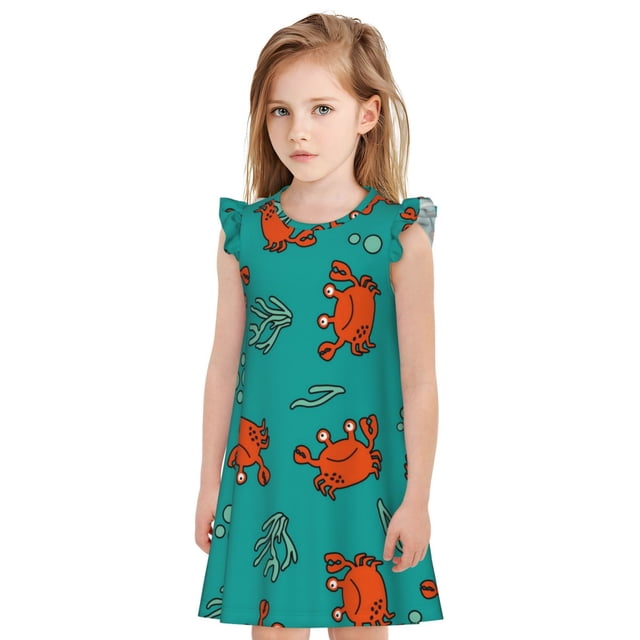 Fotbe Colorful Crab Vestido de Dormir para Niñas de 3 a 10 Años, Mangas Cortas, Estilo Princesa, Pijama Camisón con Mangas Voladas-Medium