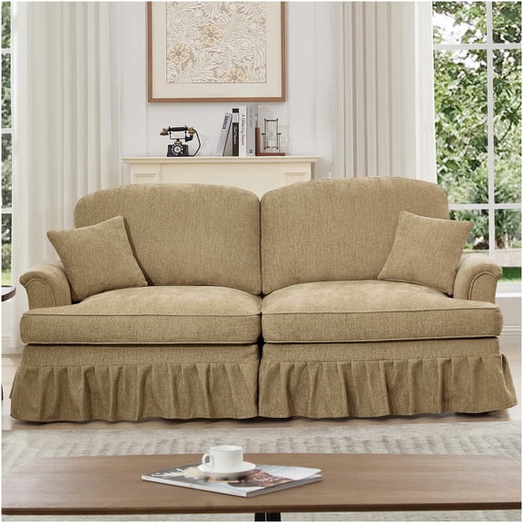 Mid Century Modern Chenille Sofa with Removable Ruffle Skirt, Light Coffee Two-Seater Love Seat for Living Room