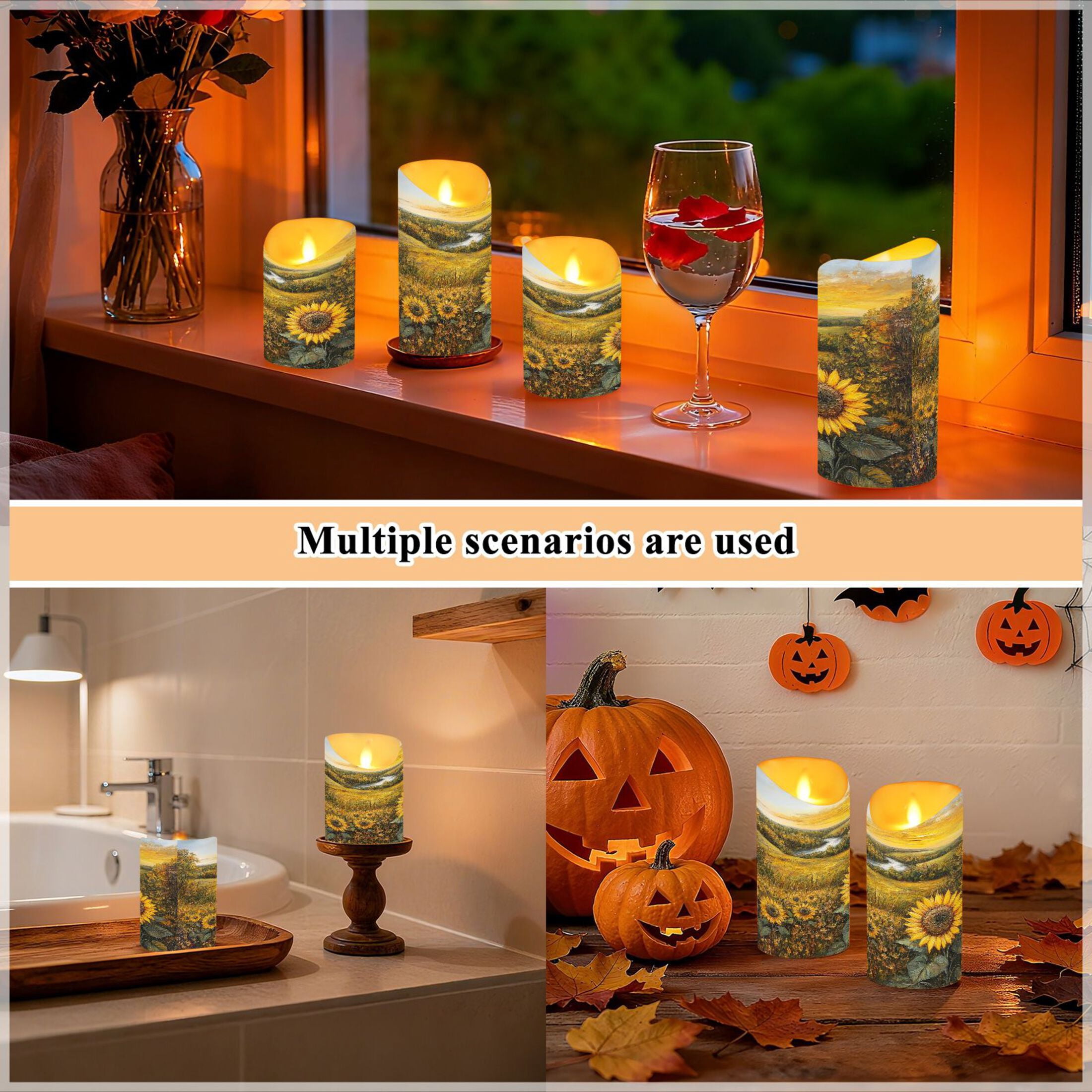 Wobogo Oil Painting Of Sunflower Flameless Candles with Remote Battery Operated Flickering LED Candles with Timer 2/4/6/8H Medium Size