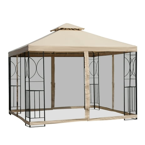 Outsunny 10' x 10’ Steel Fabric Square Outdoor Gazebo with Mosquito Netting - Sand