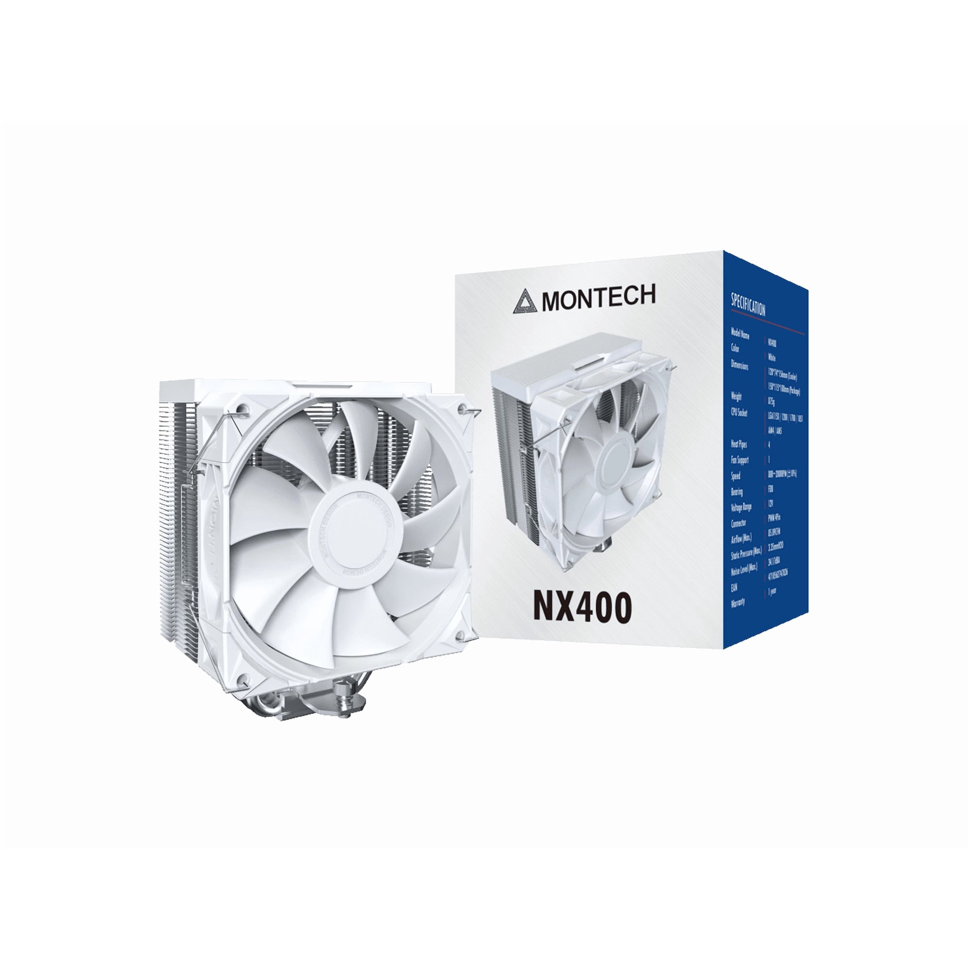 MONTECH NX400 - CPU Air Cooler, Single Tower, 4 Advanced Heat Pipes, 52-fin Heat Sink, E28, 120mm FDB Static Pressure Fan, 28mm Fan Thickness, Corner-cover Footpads, Polished Top Cover - White