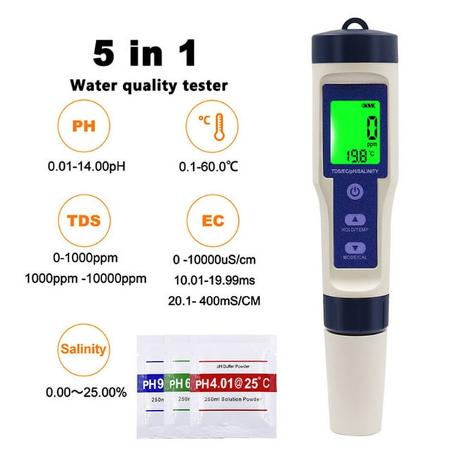 Aqestyerly 5-In-1 Salinity Meter Water Proof Salinity Meter Aquarium Seawater Detector Digital Display with Backlight Water Quality Testing Detector 5-In-1 Salinity Meter,Waterproof Salinity Meter