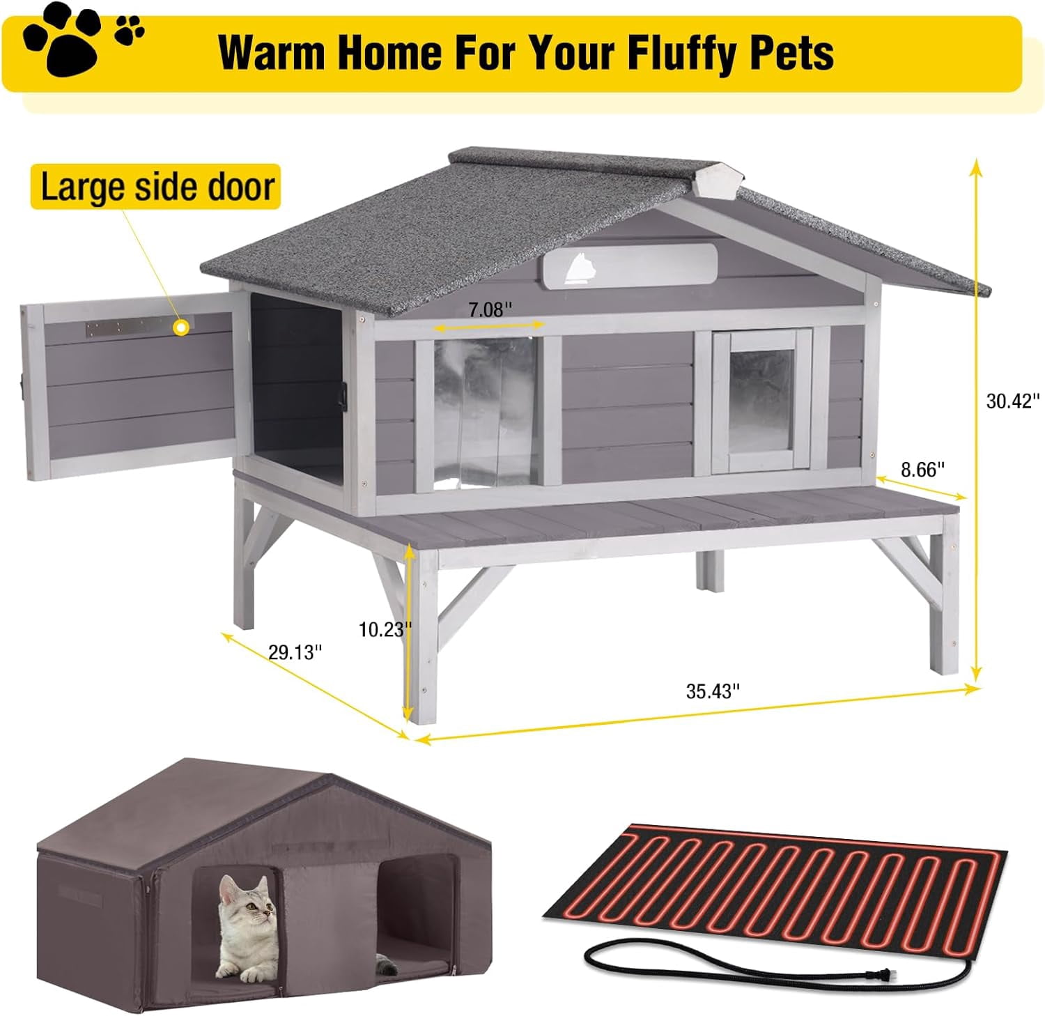 Aivituvin Heated Cat House for Outside Large Outdoor Insulated Cat House Weatherproof Feral Cat Shelter with Heated Pad, Insulated All-Round Thermal Liner, Chewproof Cable for 1-4 Cats (Winter-Ready)