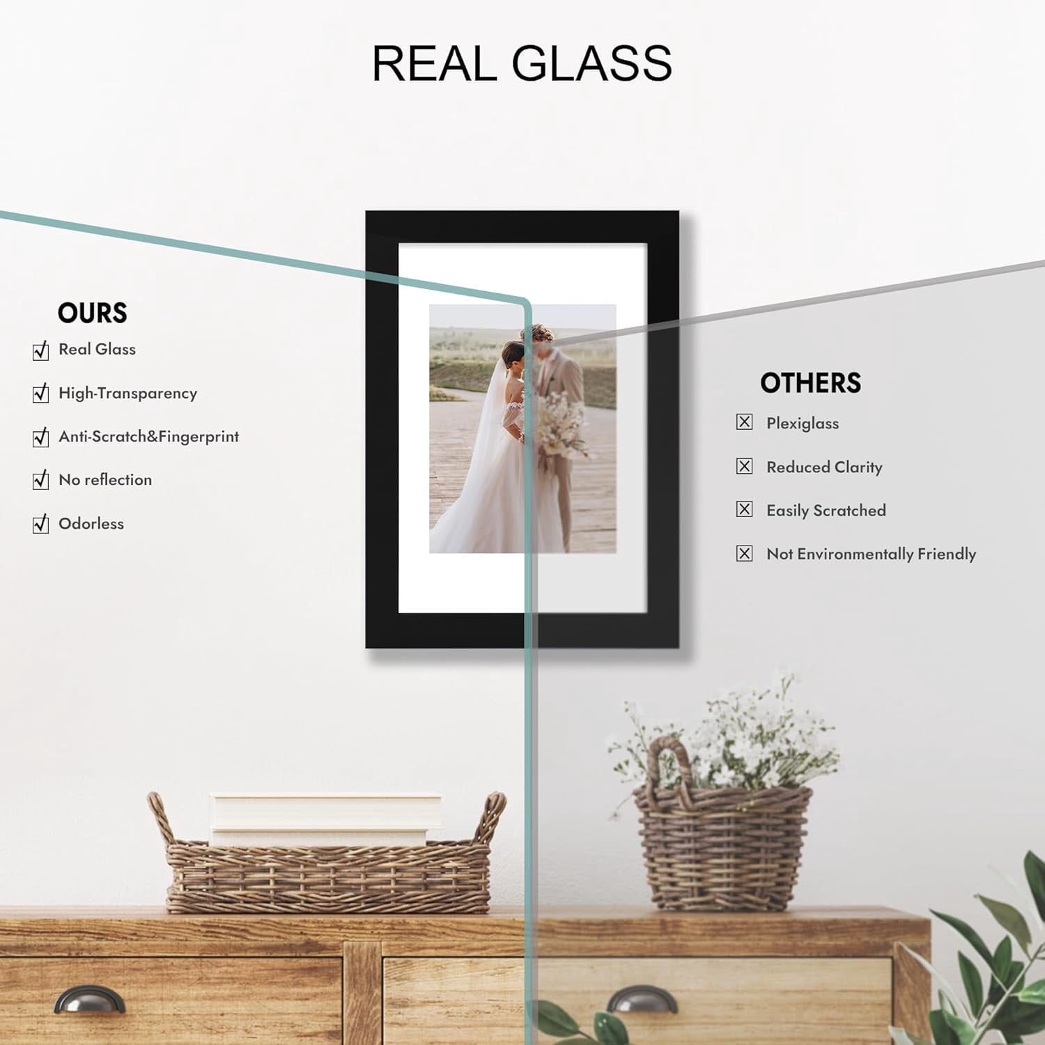 6x8 Picture Frame Set of 2, Made of Real Glass and Black Wooden Frame - Display Pictures 4x6 with Mat or 6x8 Without Mat, 6 by 8 Photo for Wall or Tabletop