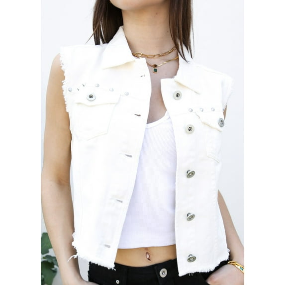 Womens Juniors Cotton Denim Blue Sleeveless Crop Jacket Jean Vest, Off-white, Small