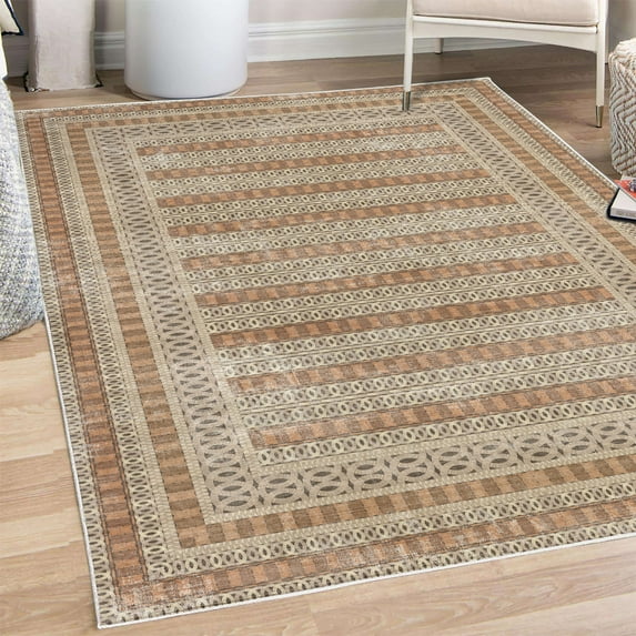 Tribal Decorative Rug, Retro Weathered Look Circles Grid Stripe Bars on Dark Brown Backdrop Print, Quality Carpet for Bedroom Dorm and Living Room, 6 Sizes, Eggshell Pale Rust, by Ambesonne
