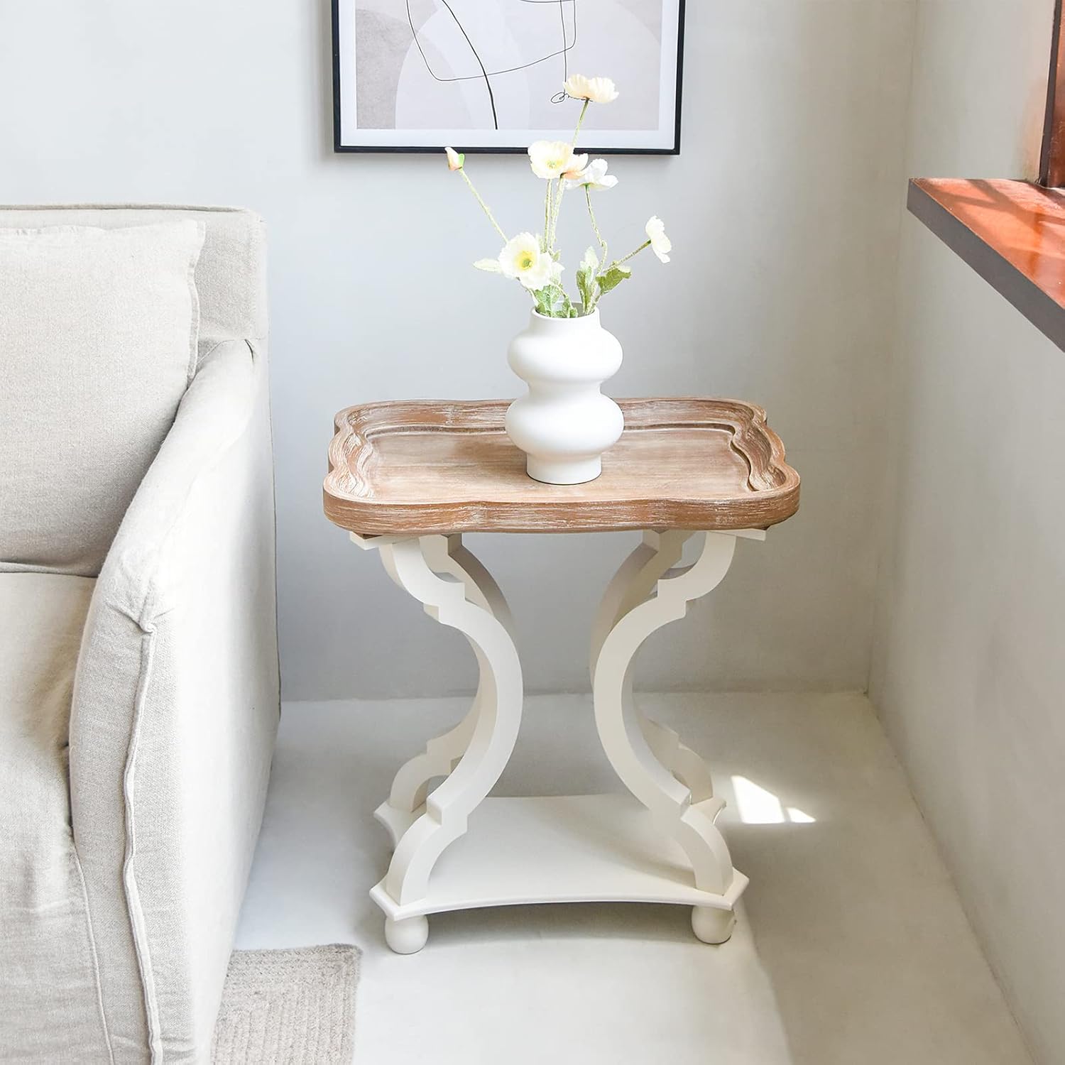 Kinbor Accent Wood Farmhouse End Table Side Tables Nightstand Natural Tray Top and Legs, White