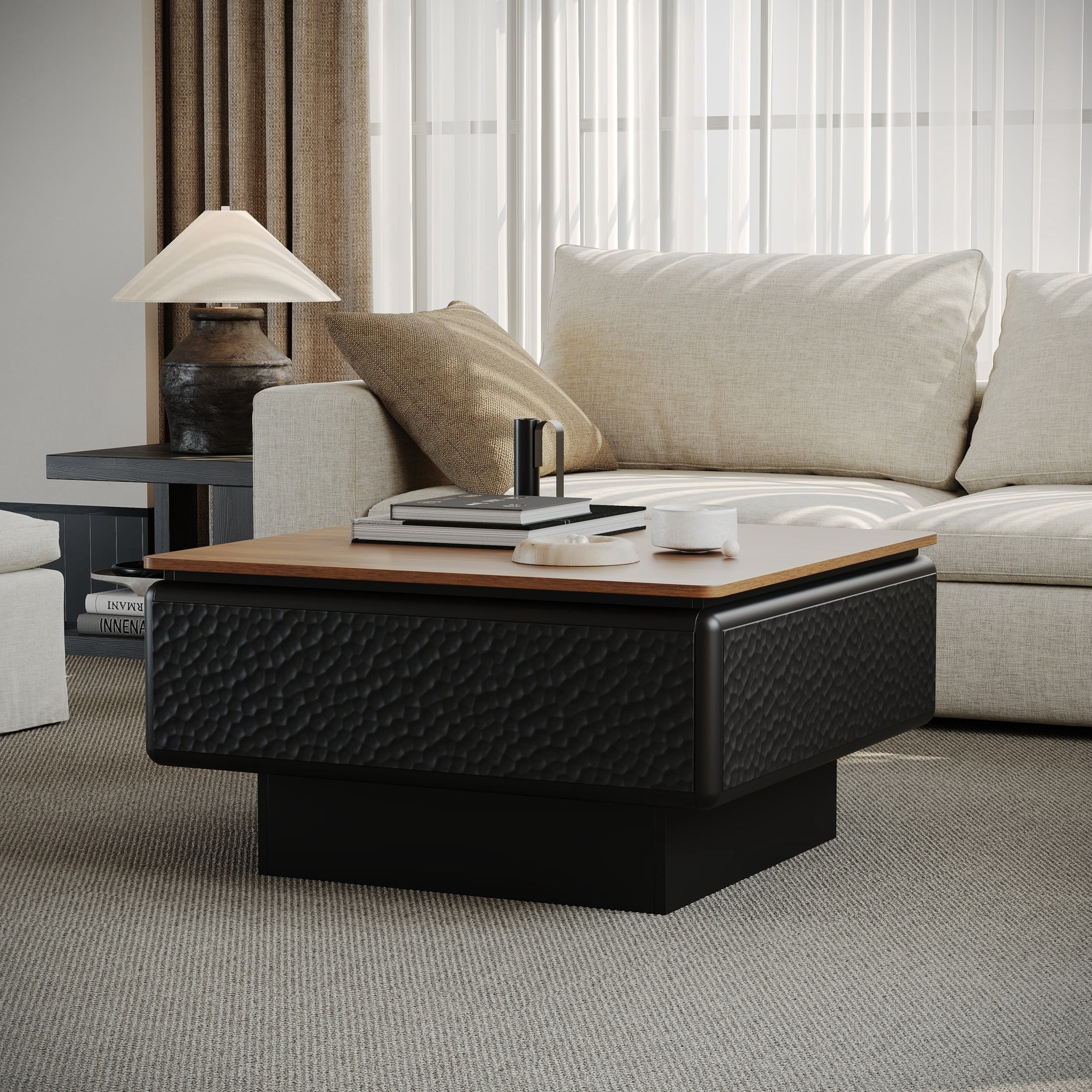 Noble House Millo 31" Square Lift-Top Coffee Table with Hidden Storage, Hammered Texture Center Table, Black & Brown