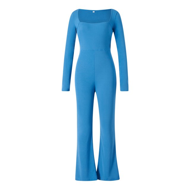 xiaxaixu Combinaison Pantalon Évasé Femme Décontractée Ajustée Couleur Unie Col Carré Manches Longues Tenue de Boîte de Nuit Mode Urbaine