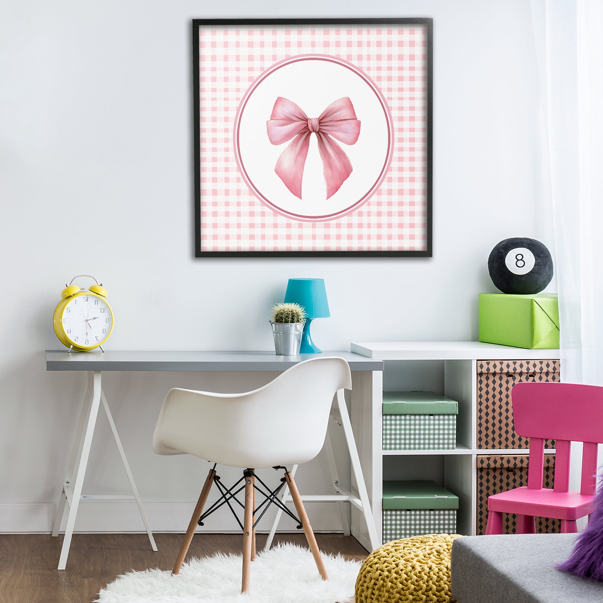 Stupell Industries Pink Bow with Circular Gingham Black Framed Giclee Art, design by Christine Simpson Art