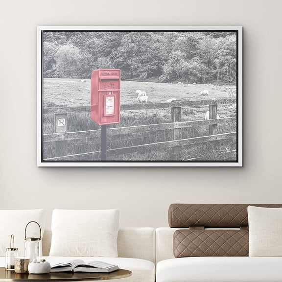 PixonSign Framed Canvas Print Wall Art Red Mailbox and Farm Nature Cityscape Photography Realism Rustic Scenic Relax/Calm Cool Black and White for Living Room, Bedroom, Office - 24"x36" White