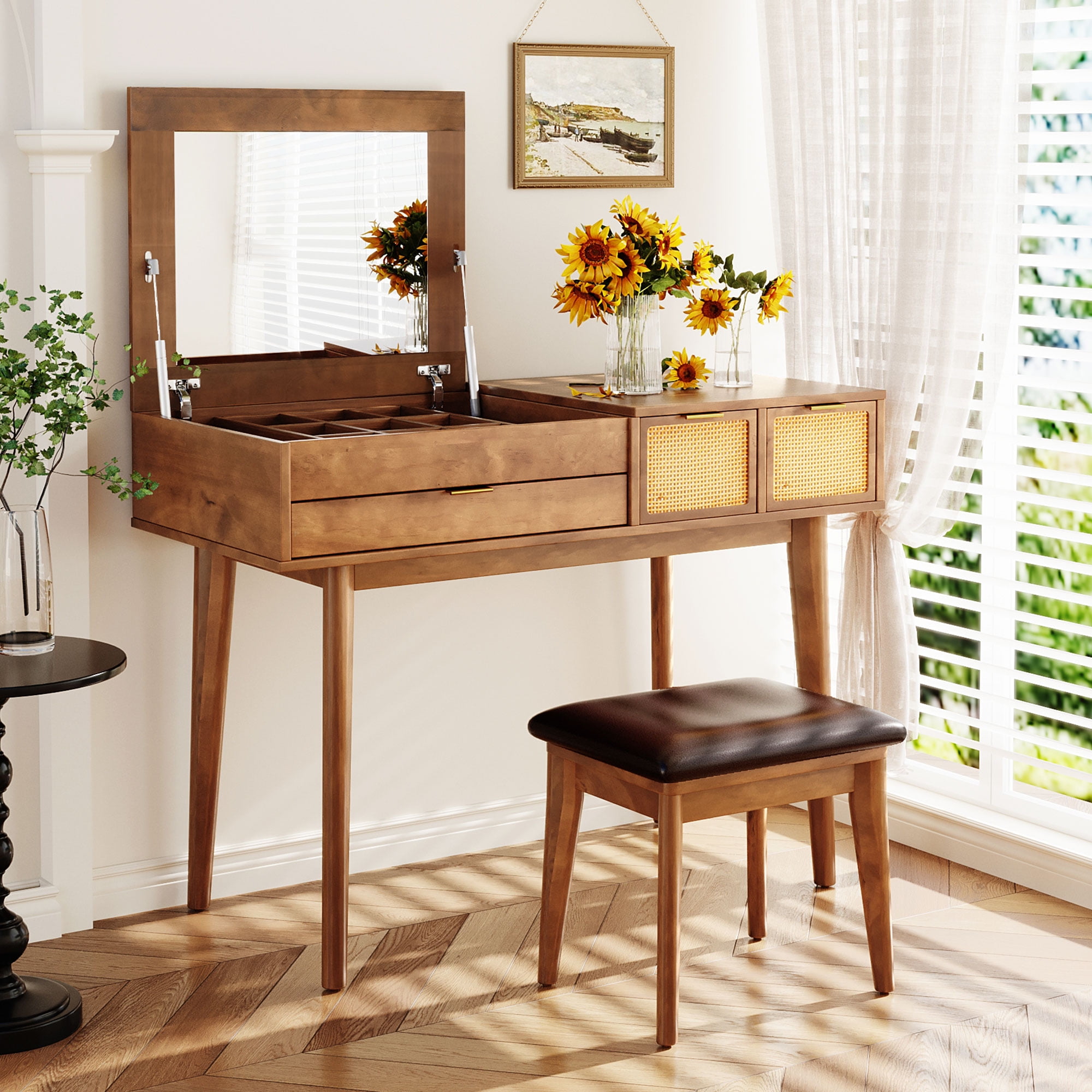 Makeup Vanity Table, With Flip Top Mirror Stool And 3 Drawers, Solid Wood Dressing Table, Rattan Design Upholstered Stool For Bedroom, Brown