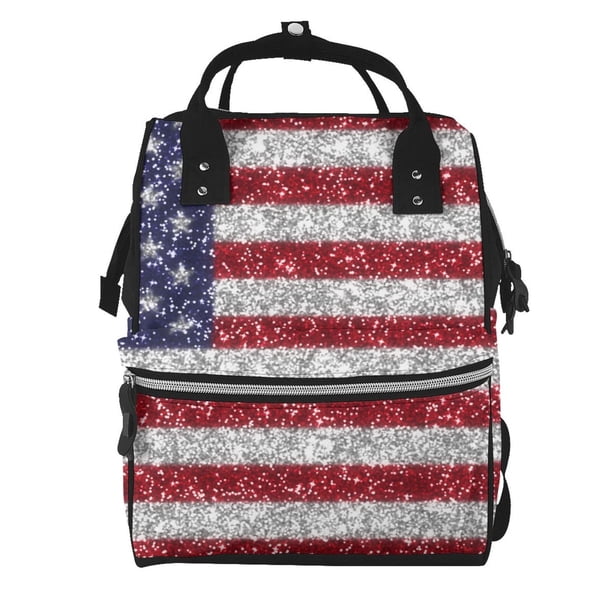 Easygdp America Flag Glitter para Bolsa de Bebé de Gran Capacidad con Múltiples Bolsillos, Bolsa de Pañales para Padres, Bolsa de Viaje Organizada y Elegante