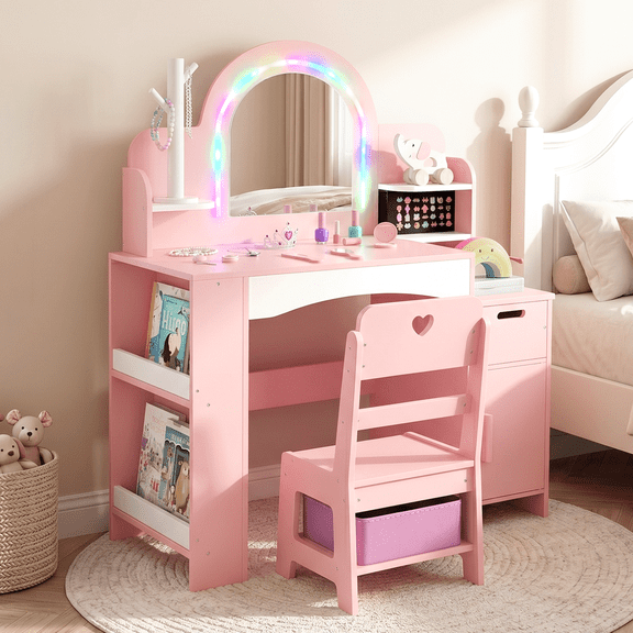 INFANS Kids Vanity with Lights, Princess Makeup Desk with Mirror, Jewelry Hanger, Fabric Drawers, Toddler Table and Chair Set Pretend Play for Girls Aged 4-9