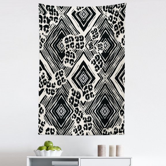 Abstract Tapestry, Ink Brush Style Argyle Concentric Squares and Stain-look Pile of Spots, Fabric Wall Hanging Decor for Bedroom Living Room Dorm, 5 Sizes, Pale Eggshell Black, by Ambesonne