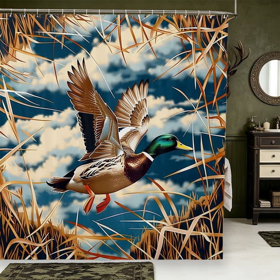 Manfei Green Billed Waterfowl Print Shower Curtain 72Wx72L,Farmhouse Wild Duck Bathroom Curtain