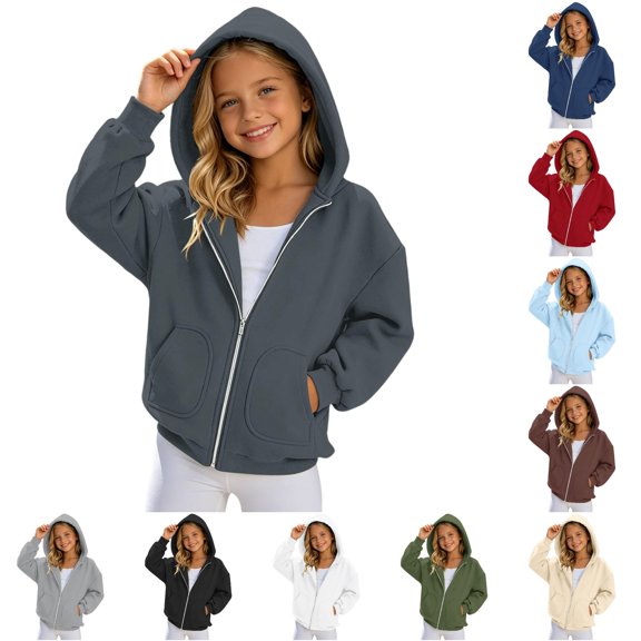 Zhanqunnn Girls Zip Up Hooded Sweatshirt Solid Color Casual Hoodie Jacket For Kids Lightweight And Comfortable Daily Wear Sweater Zip, Size 12-13 Years