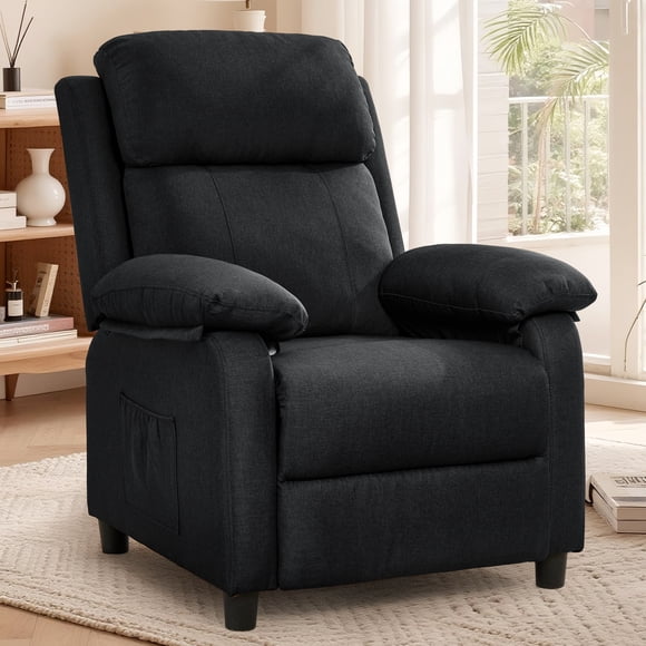Korser Sillón Reclinable Push Back Con Bolsillos,Pequeño Para Espacios Reducidos,Lino,Negro