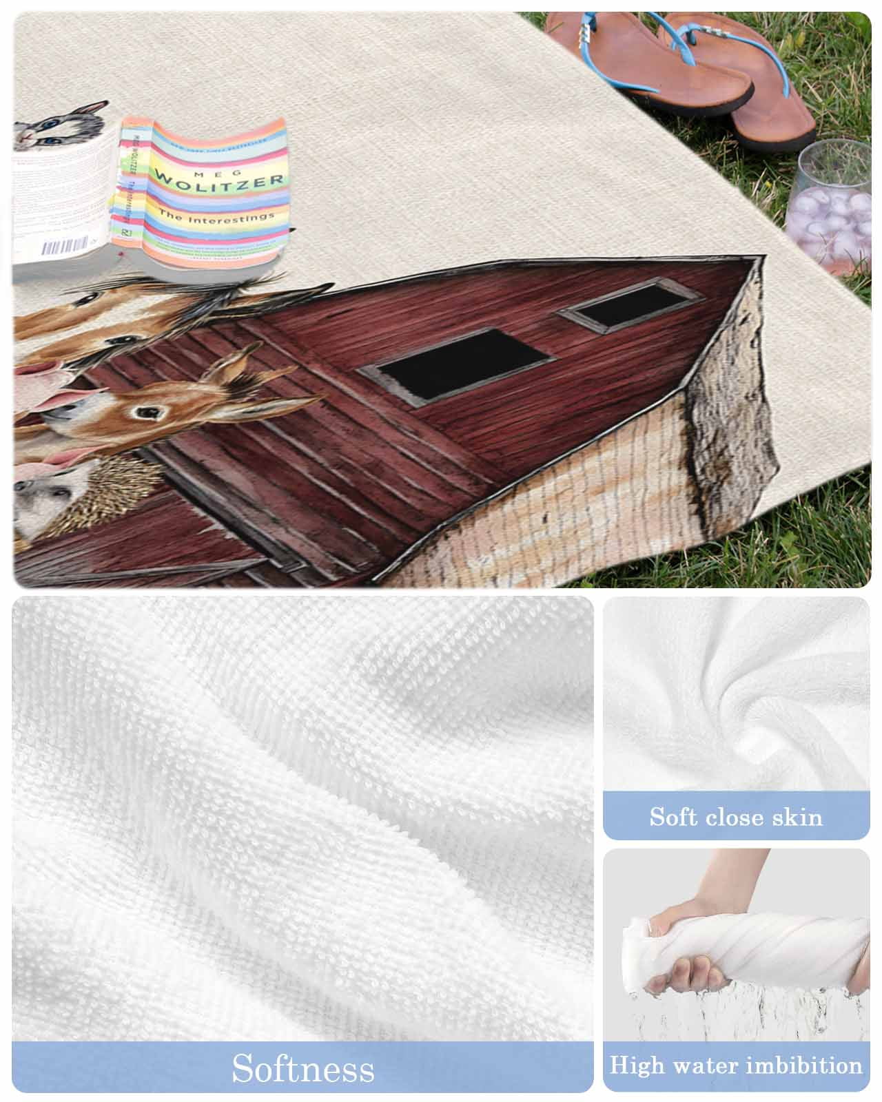 Farm Cow Pig Beach Towels Oversized Super Absorbent, Farmhouse Animals Retro Fench Wood Bran Lightweight Bath Towel Quick Dry Sets For Bathroom/Pool/Rv Camping/Beach Play/Gym Room/Picnic 30"x60"