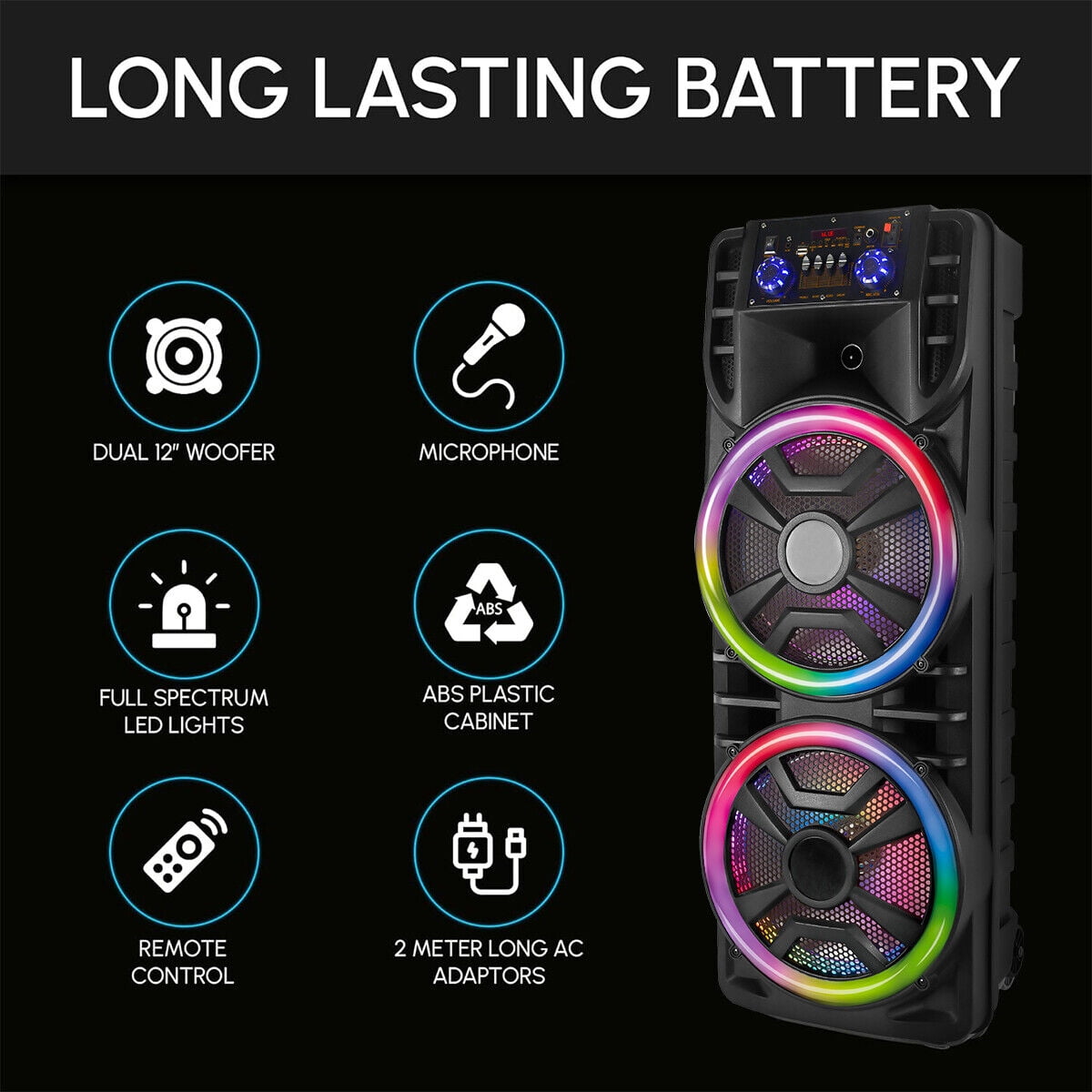 "Lohoms 2800W Portable Party Subwoofer with Dual 12"" Bluetooth Speaker, Wireless Mic, Power System, and Lights"  (图4)